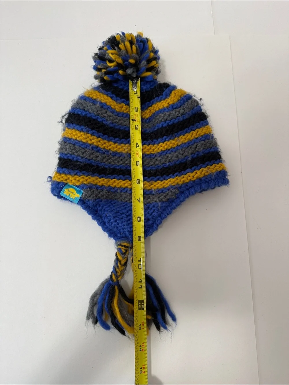 Turtle fur -Striped Knit Pom Earflap Hat for Kids — Blue, Yellow & Gray